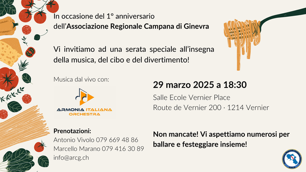 Sabato 29 Marzo 2025, a partire dalle 18.30 presso la "Salle des fêtes de Vernier-Place"